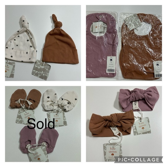 Bundle of Kate Quinn organic cotton baby bibs, hats, head bands